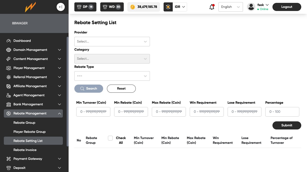 Rebate Setting List