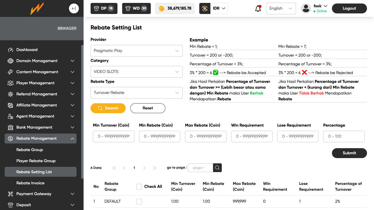 Rebate Setting List dengan Data